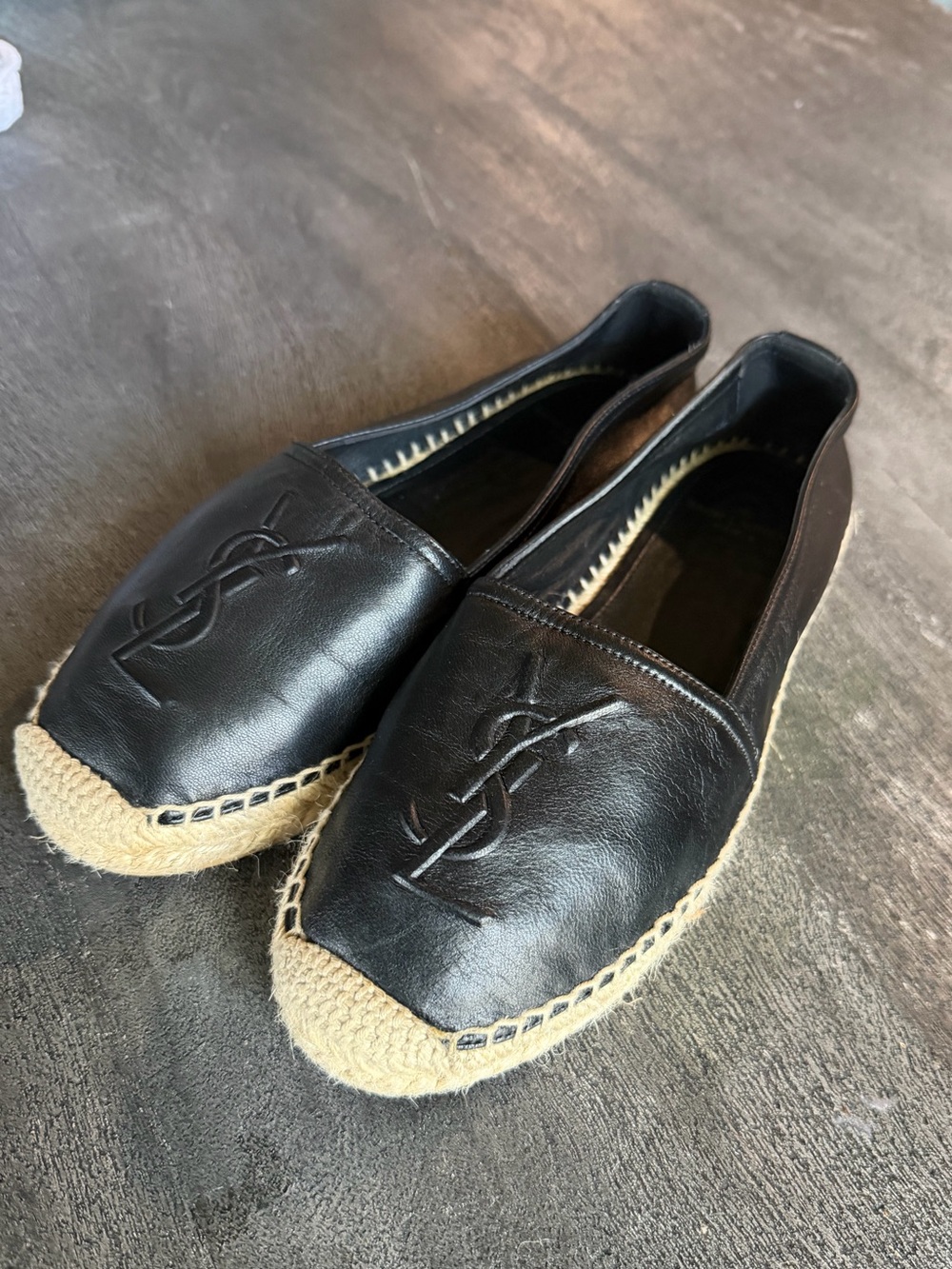 YSL Saint Laurent Black Leather Espadrille Flats with Natural Rope Toe